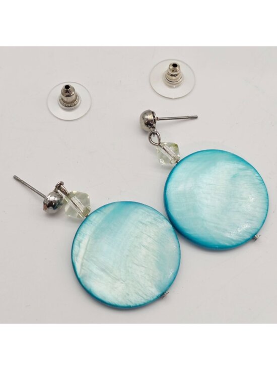 Unbranded Jewelry - Blue Shell Disc Earrings With Crystal Accents & Silver Tone Posts 1.75"
